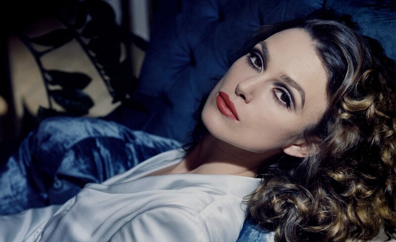 Woman with Curly Hair — Blue, Dramatic, Photograph, Curly Hair, Red Lipstick, Blue Pillow