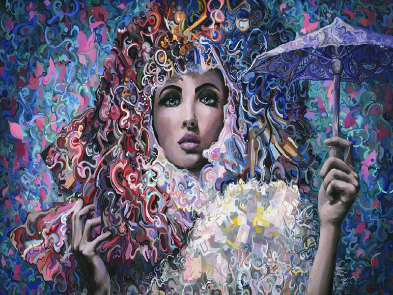 Woman with Curly Hair — Blue, Dreamy, Painting