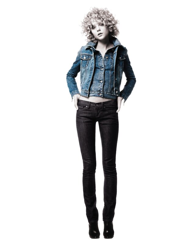 Woman with Curly Hair — Blue, Neutral, Photograph, Denim Jacket