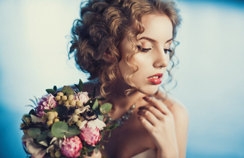 Woman with Curly Hair — Blue, Serene, Photograph
