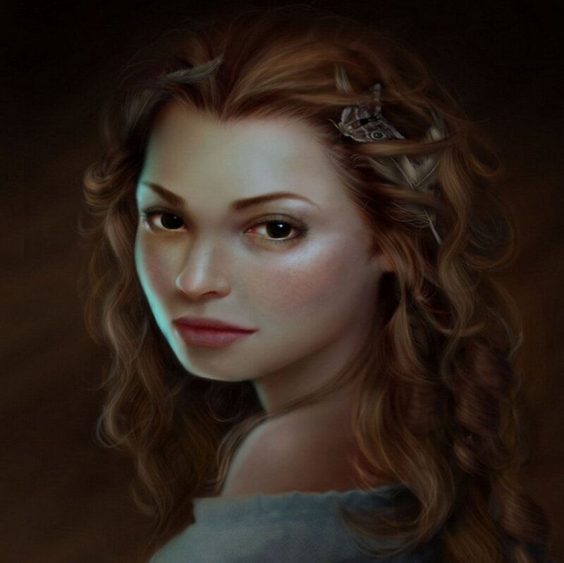 Woman with Curly Hair — Brown, Calm, Digital Art