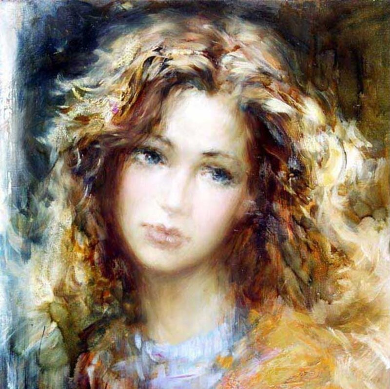 Woman with Curly Hair — Brown, Calm, Painting