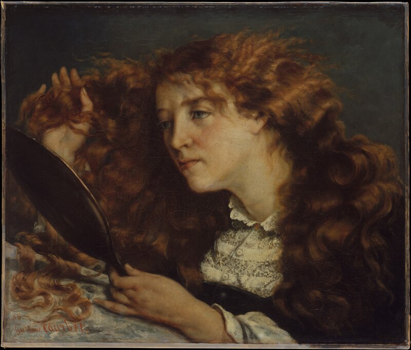Woman with Curly Hair — Brown, Contemplative, Painting, Mirror