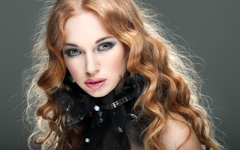 Woman with Curly Hair — Brown, Dramatic, Photograph, Makeup, Black Collar
