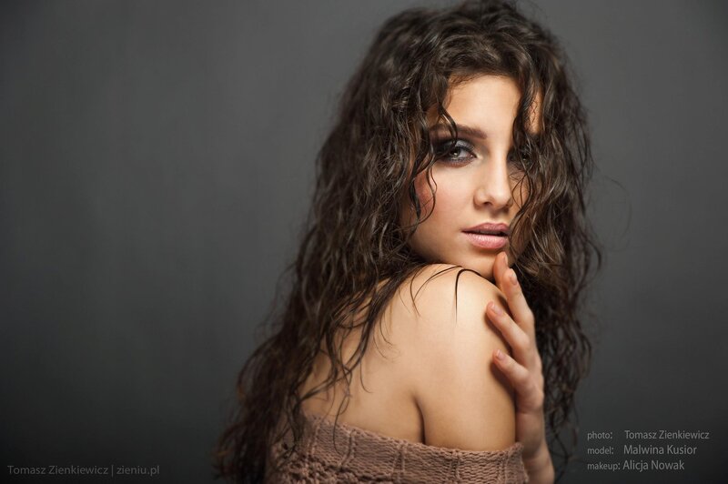 Woman with Curly Hair — Brown, Dramatic, Photograph, Shoulder, Makeup, Gray