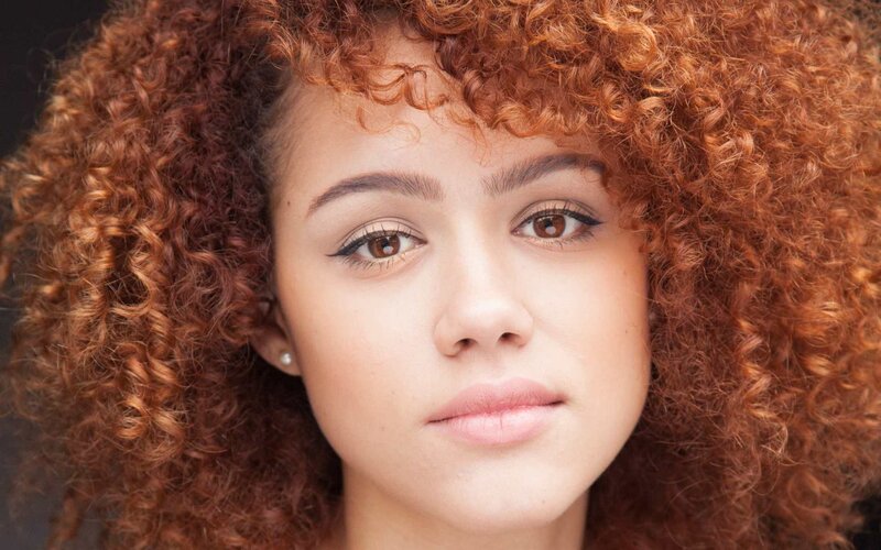 Woman with Curly Hair — Brown, Neutral, Photograph, Curly Hair, Earring, Beige