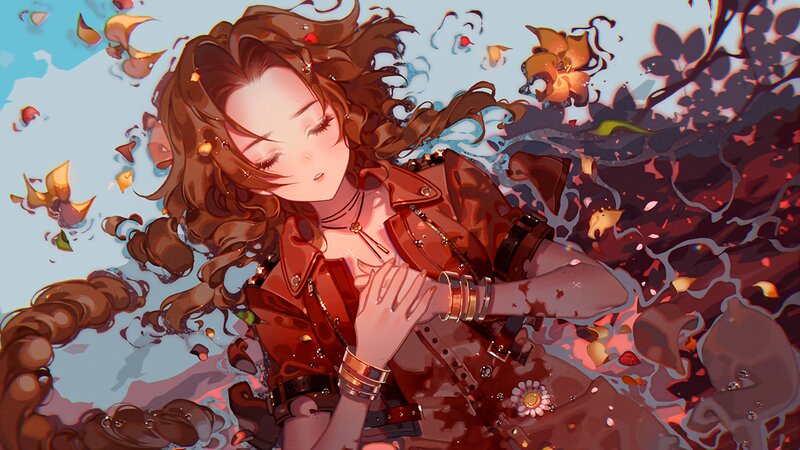 Woman with Curly Hair — Brown, Serene, Digital Art, Flowers