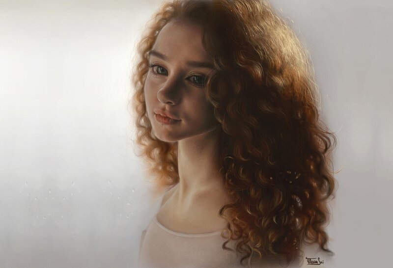 Woman with Curly Hair — Brown, Serene, Digital Art