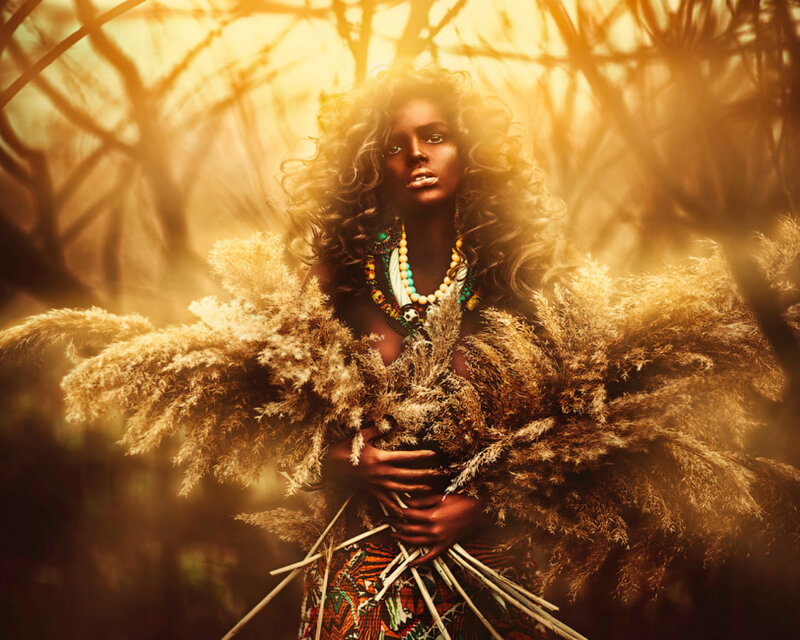 Woman with Curly Hair — Gold, Dramatic, Sunset, Photograph