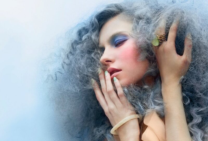 Woman with Curly Hair — Gray, Dreamy, Photograph