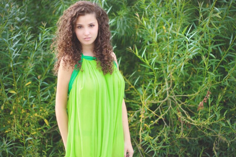 Woman with Curly Hair — Green, Calm, Afternoon, Photograph, Green Dress