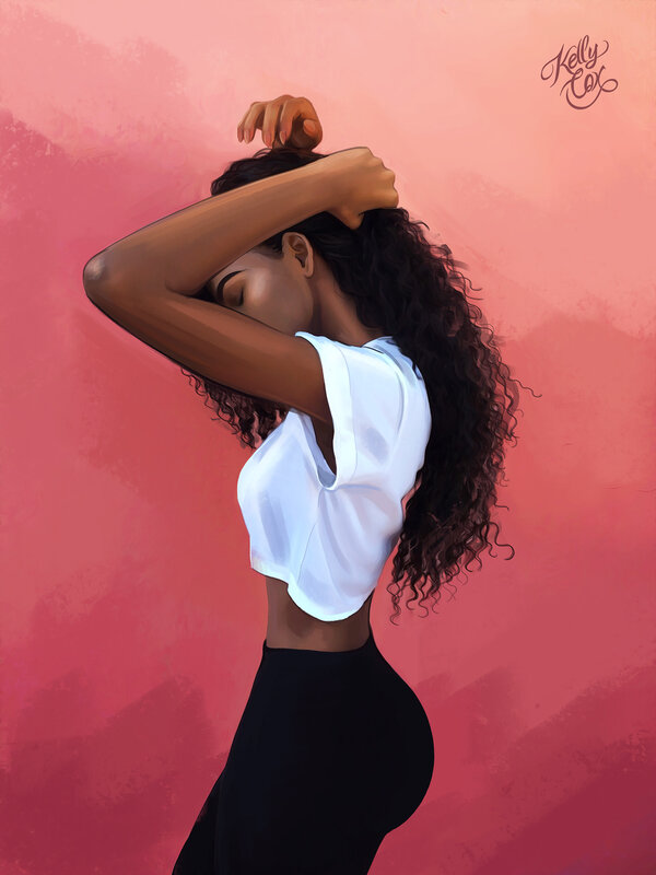 Woman with Curly Hair — Pink, Calm, Digital Art