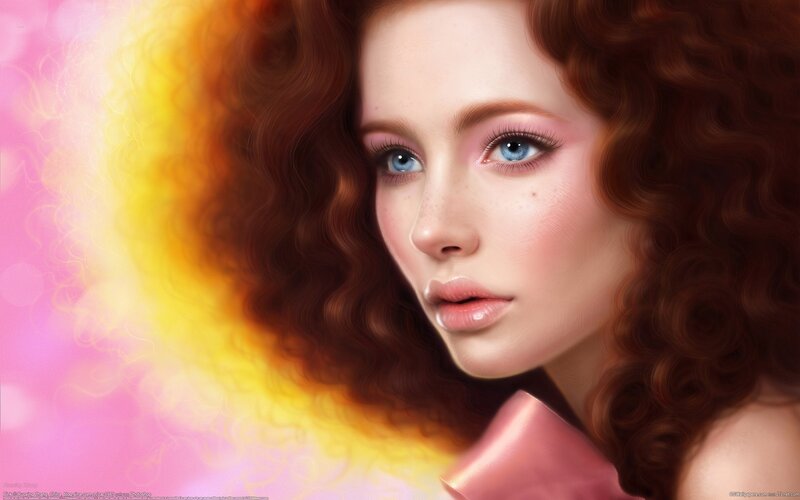 Woman with Curly Hair — Pink, Dreamy, Digital Art, Curly Hair, Blue Eyes