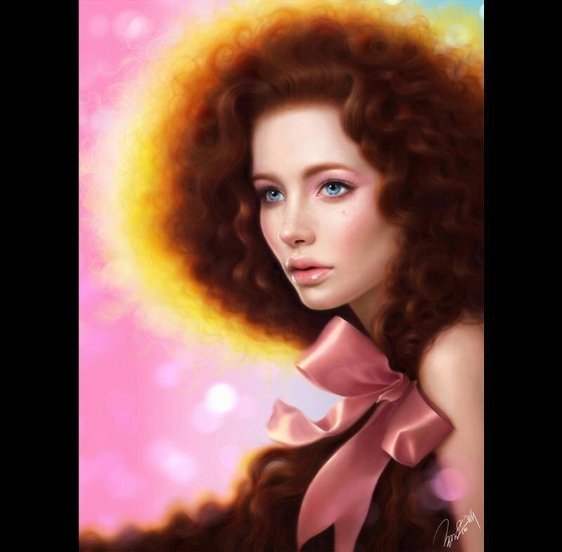 Woman with Curly Hair — Pink, Dreamy, Digital Art, Curly Hair, Pink Bow