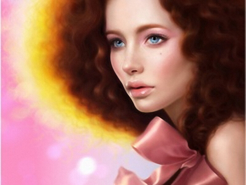 Woman with Curly Hair — Pink, Dreamy, Digital Art