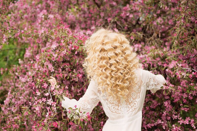 Woman with Curly Hair — Pink, Serene, Spring, Photograph