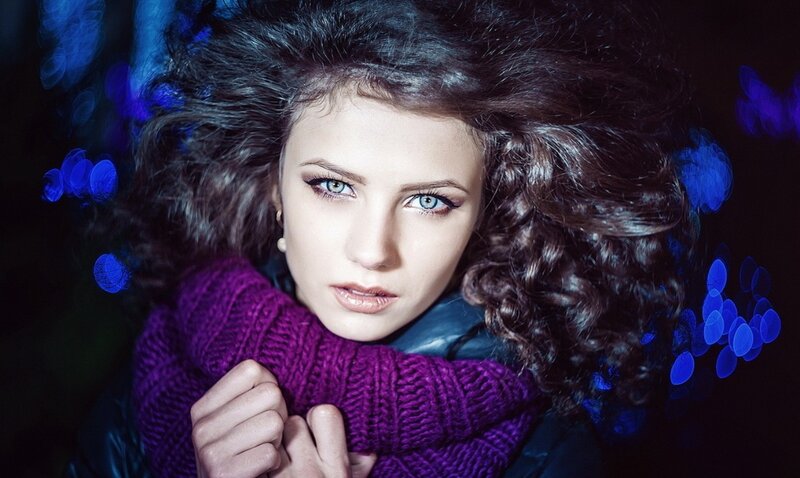 Woman with Curly Hair — Purple, Dramatic, Night, Photograph