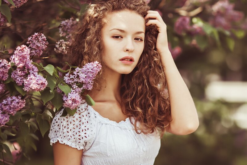 Woman with Curly Hair — Purple, Serene, Spring, Photograph