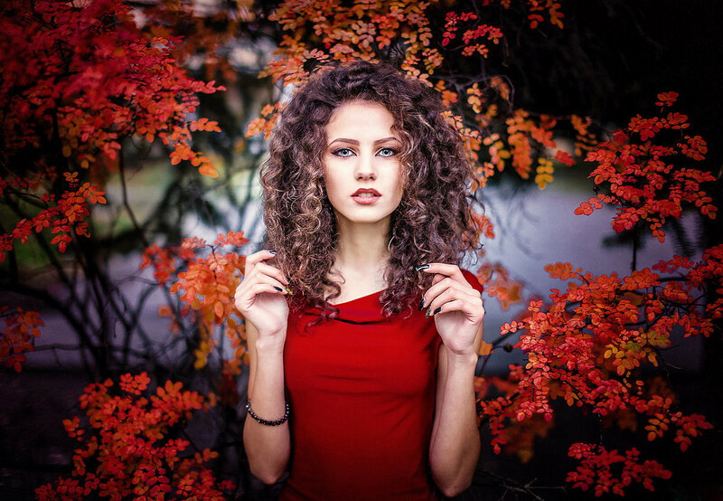 Woman with Curly Hair — Red, Dramatic, Autumn