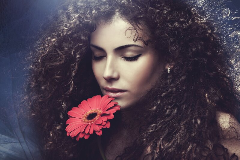 Woman with Curly Hair — Red, Serene, Photograph