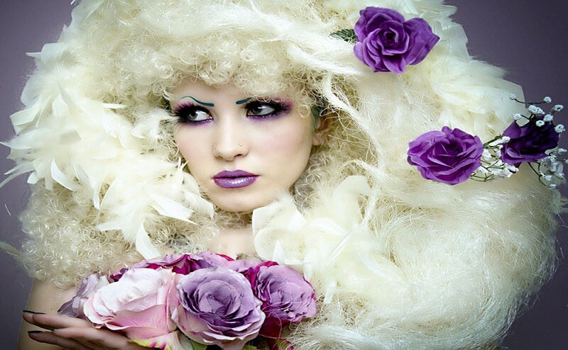 Woman with Curly Hair — White, Dramatic, Photograph, Flowers