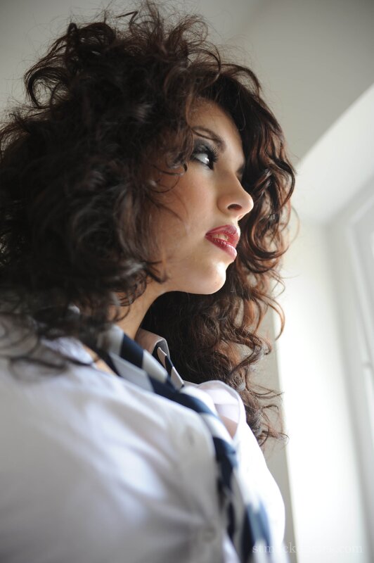 Woman with Curly Hair — White, Dramatic, Photograph, Shirt