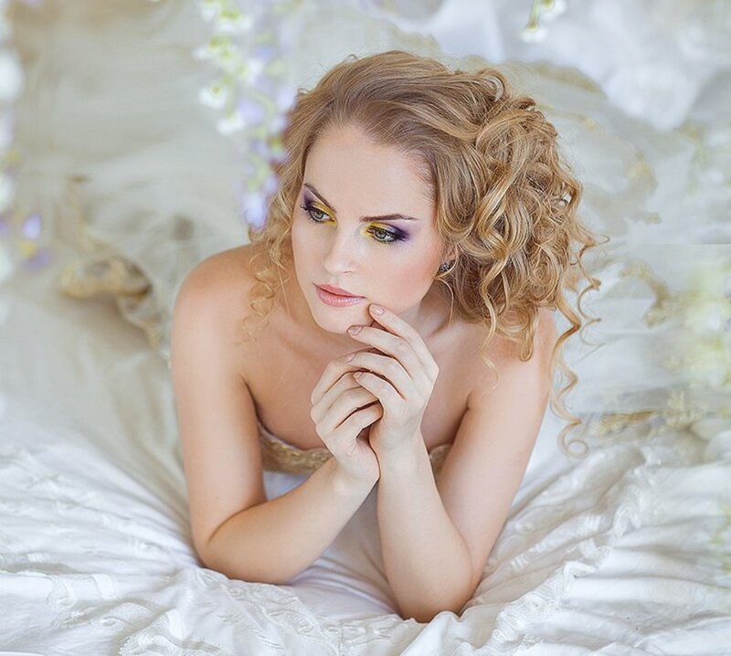 Woman with Curly Hair — White, Serene, Photograph, Makeup