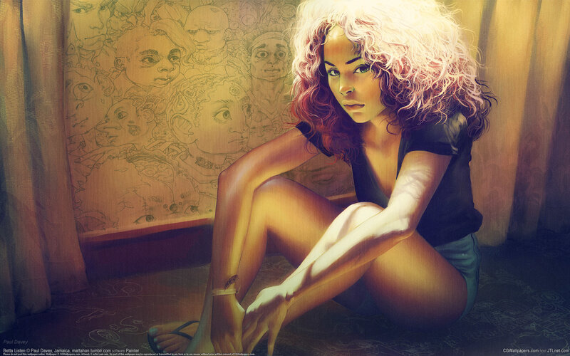 Woman with Curly Hair — Yellow, Dramatic, Night