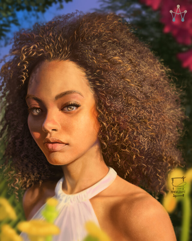 Woman with Curly Hair — Yellow, Serene, Afternoon, Digital Art