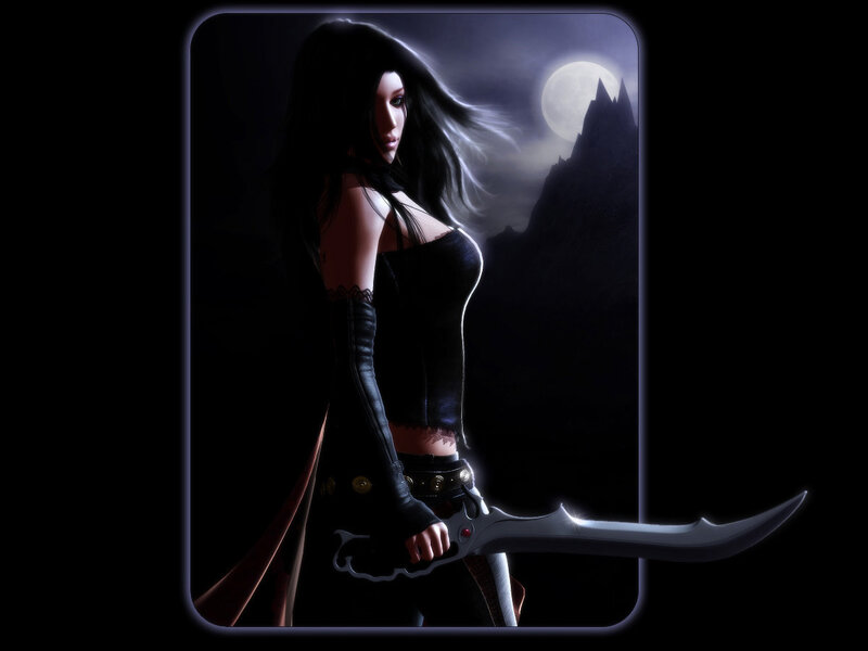 Woman with curved sword at night
