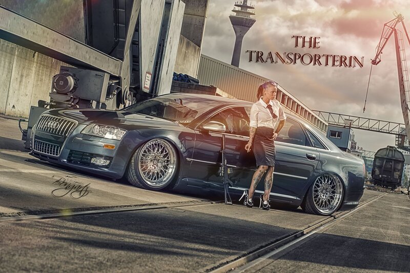 woman with custom car at port