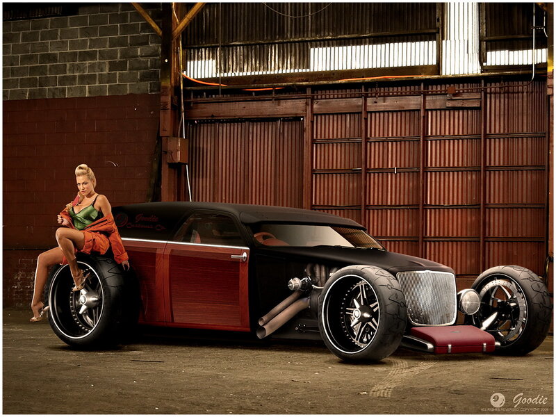woman with custom hot rod car