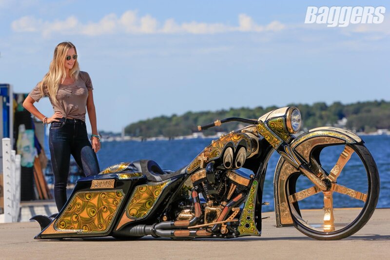 Woman with Custom Motorcycle — Black, Serene