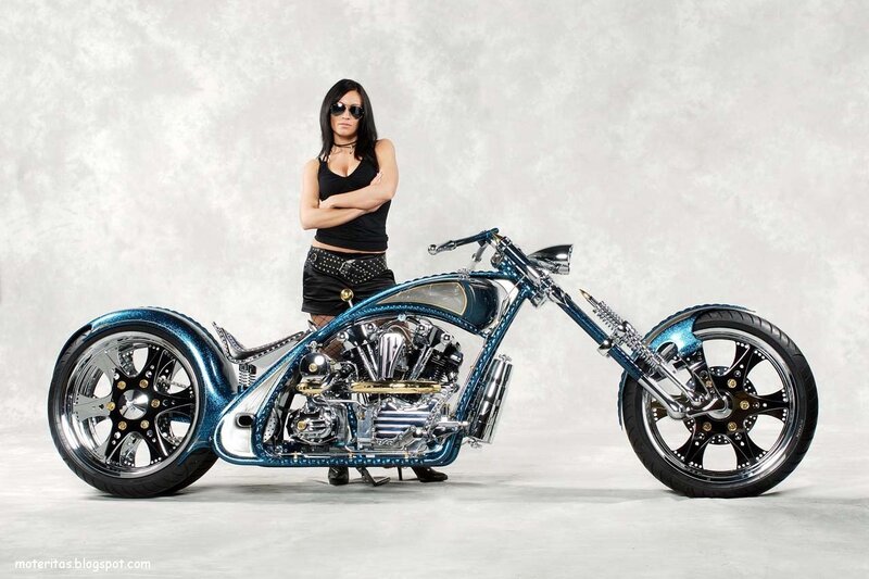 Woman with Custom Motorcycle — Blue