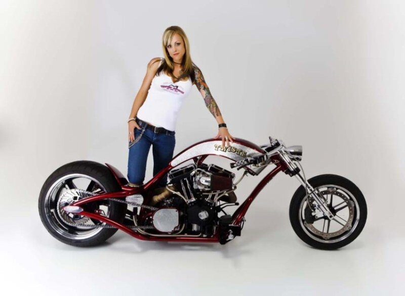 Woman with Custom Motorcycle — Red, Confident, Photograph