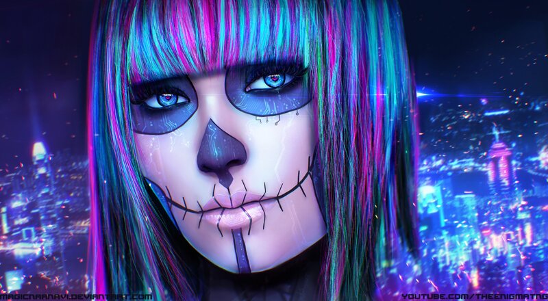 Woman with Cyber Skull Makeup