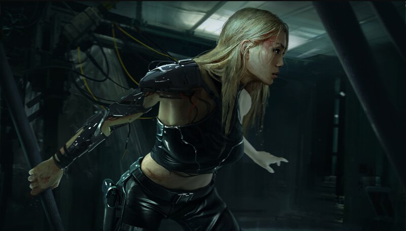 Woman with Cybernetic Arm — Black, Dramatic, Digital Art, Cybernetic Arm