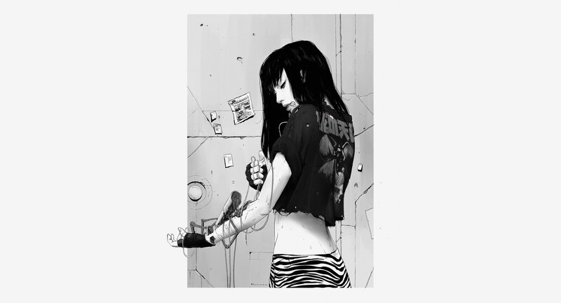 Woman with Cybernetic Arm — Black, Dramatic, Manga