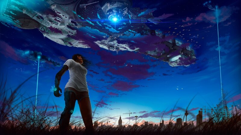 Woman with Cybernetic Arm — Blue, Dramatic, Sunset