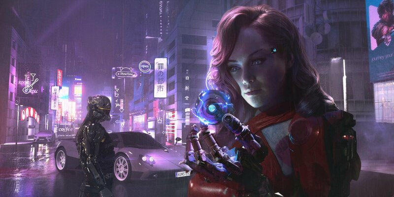 Woman with Cybernetic Arm — Purple, Dramatic