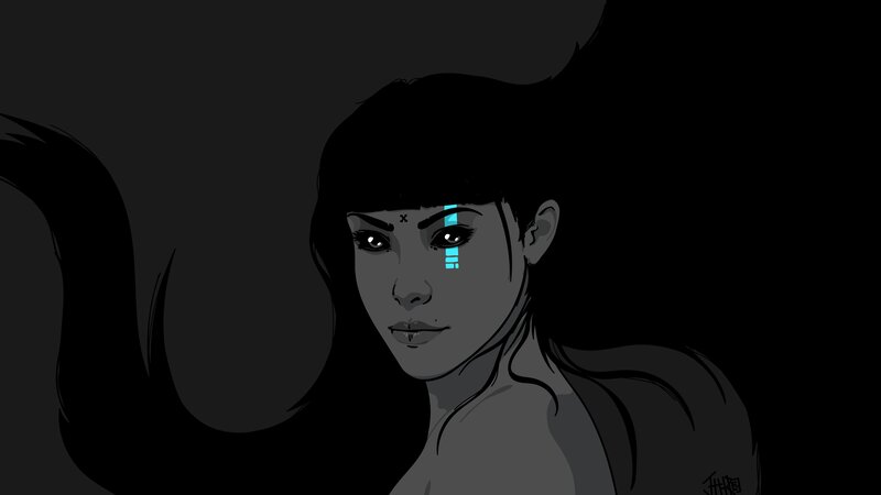 Woman with Cybernetic Eye — Black, Dramatic, Night