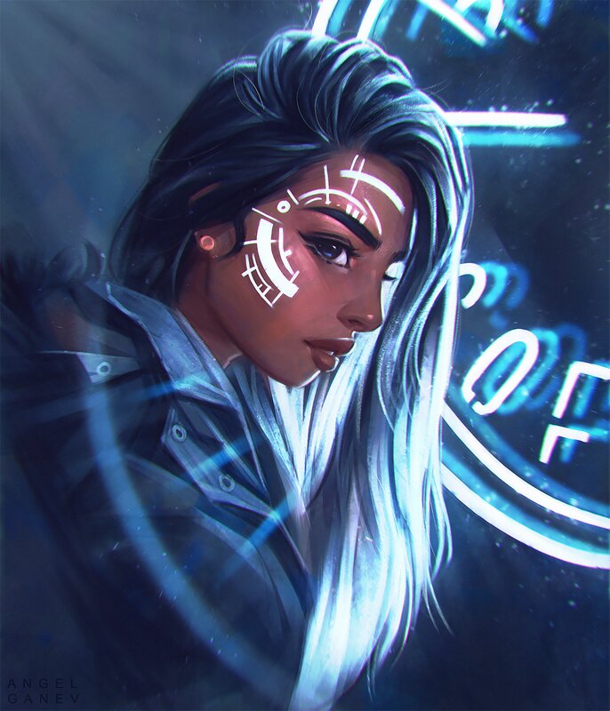 Woman with Cybernetic Face — Blue, Dramatic, Night