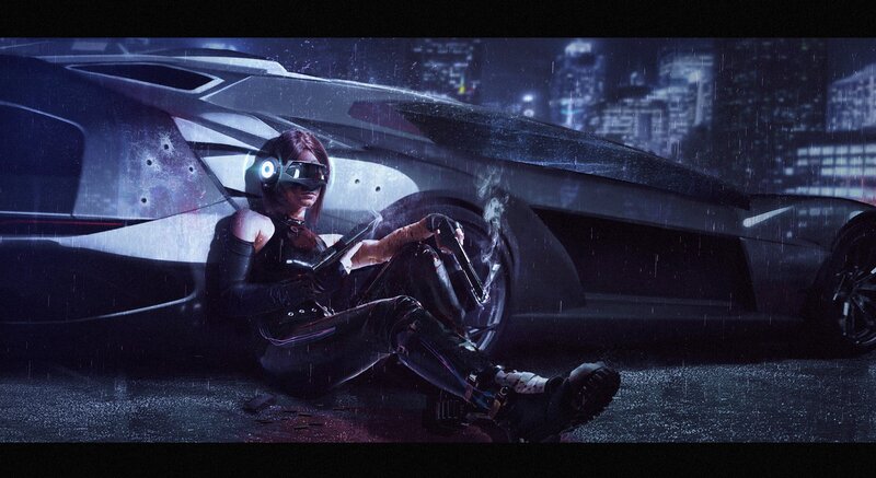 Woman with Cybernetic Helmet — Black, Dramatic