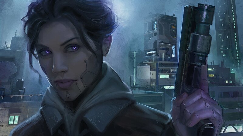 Woman with Cybernetic Implants — Blue, Dramatic, Tense