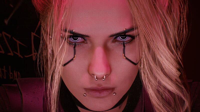 Woman with Cybernetic Implants — Red, Dark, Intense