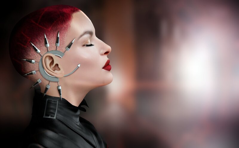 Woman with Cybernetic Implants — Red