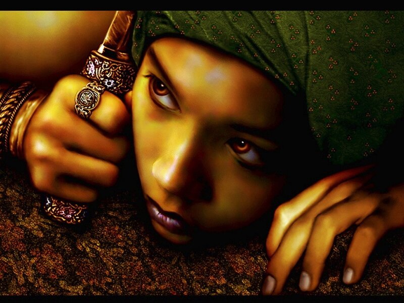woman with dagger and green headscarf