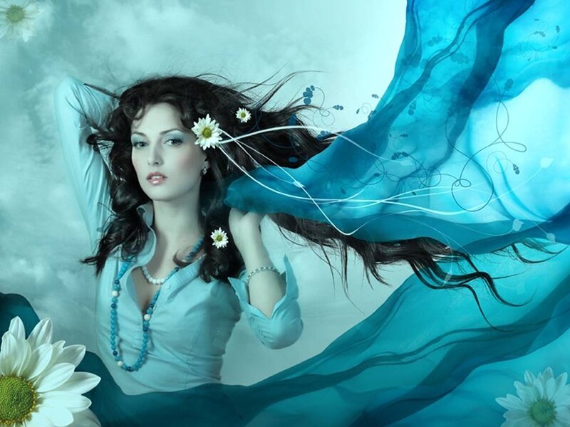 Woman with Daisies — Blue, Serene