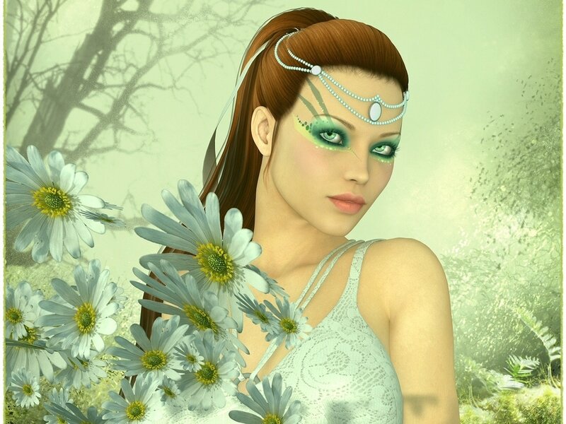 Woman with Daisies — Green, Serene