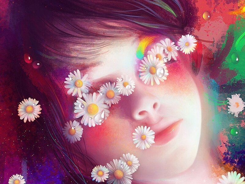 Woman with Daisies — Purple, Dreamy